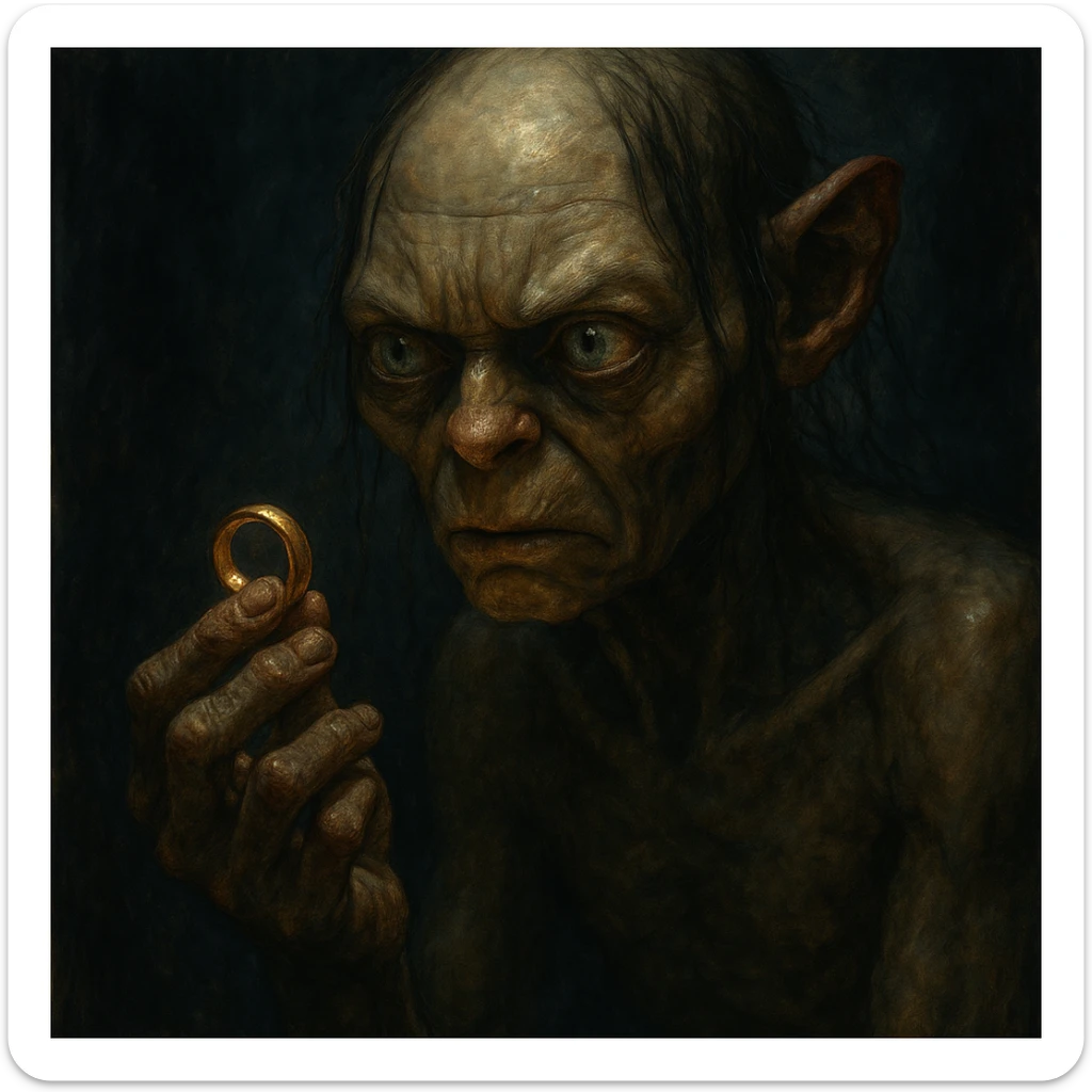 Gollum gazing at a ring in his hand, moody, fantasy character portrait sticker