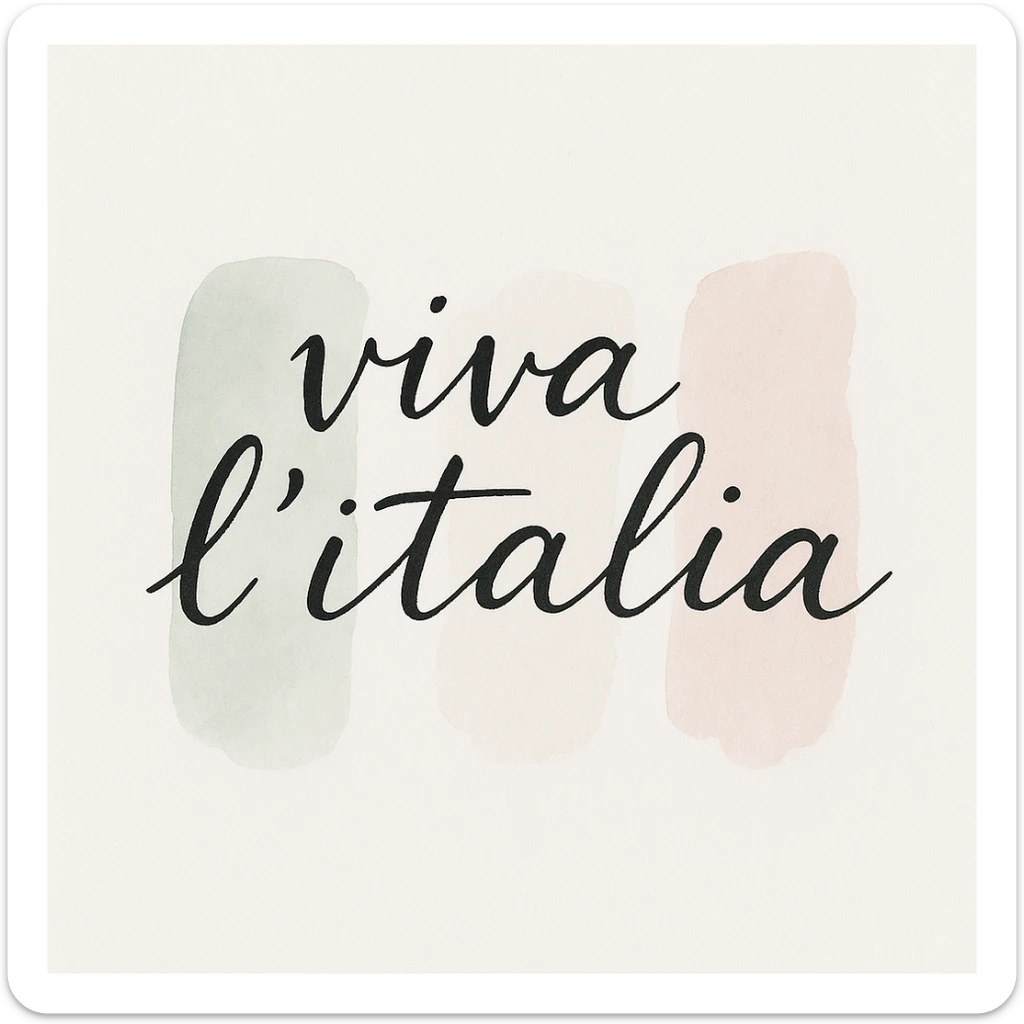 Calligraphic text 'viva l'italia' in black handwritten style on white background in watercolor style with white, green, and pink pastel tones sticker