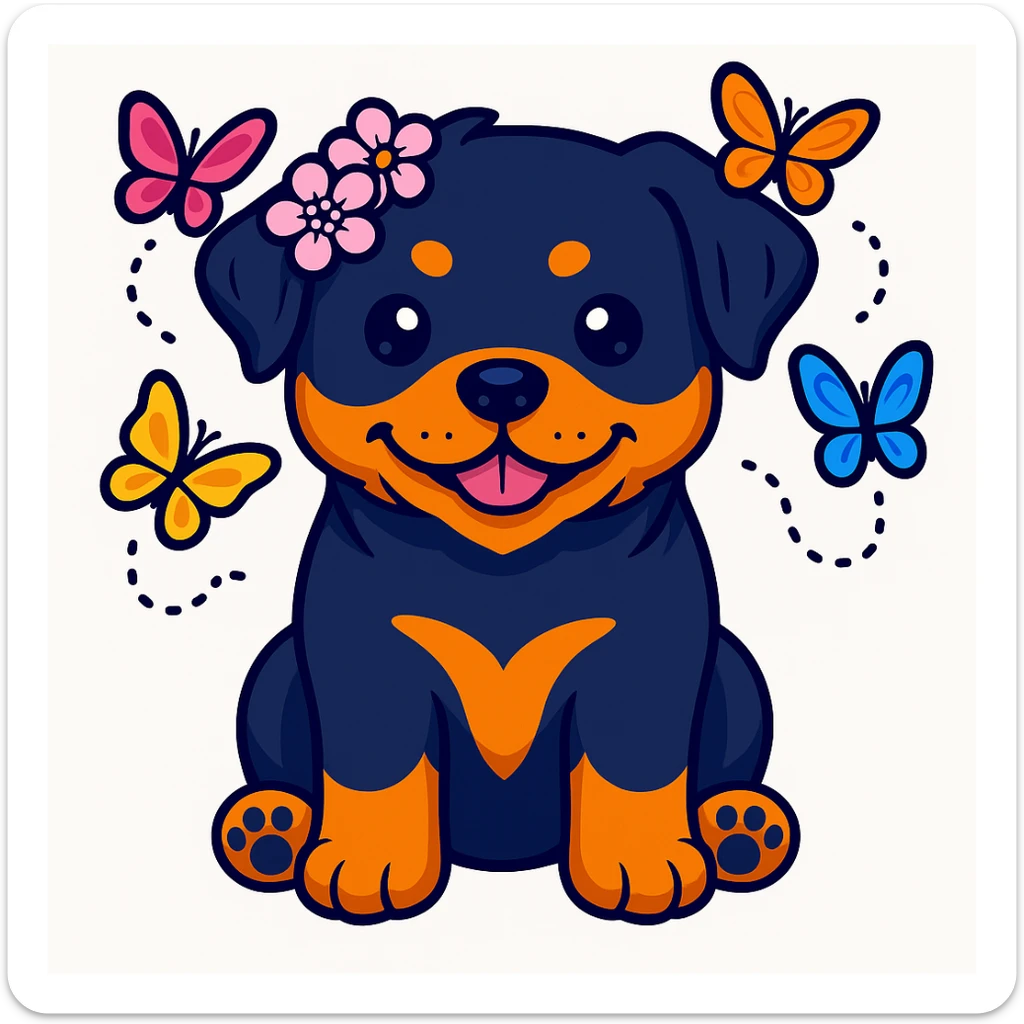 Add butterflies fluttering around the rottweiler with a cherry blossom flower crown, keep the original style and colors sticker style sticker