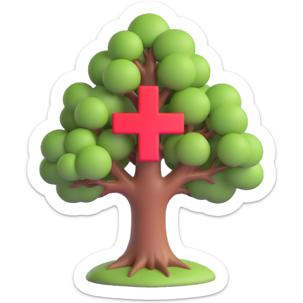 3D illustration of a full color tree with a red cross at its center, symbolizing healthcare sticker