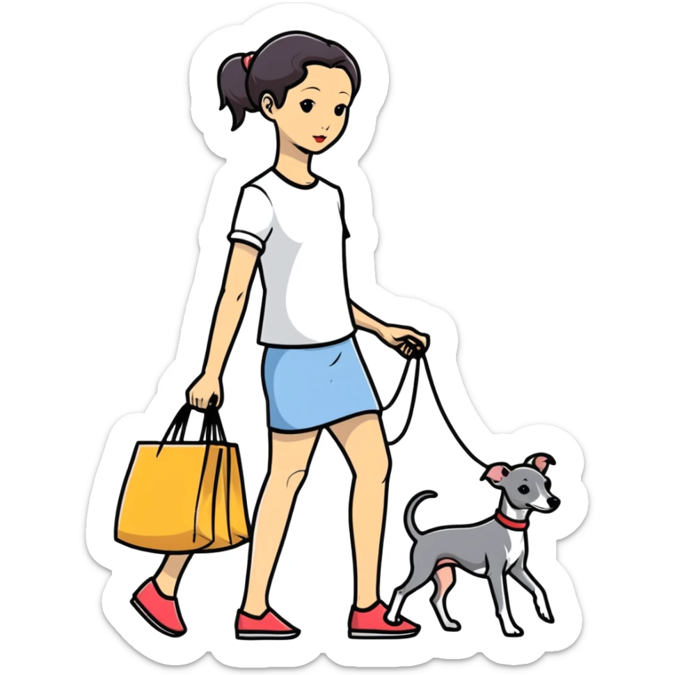 Pretty Asian girl with attractive features walking an all grey Italian greyhound with no white nose sticker