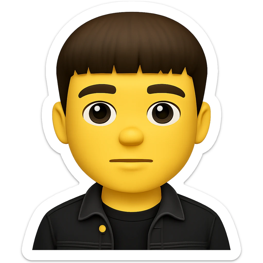 Create an emoji style image of a face wearing a black t-shirt and a black denim jacket. The style should resemble emoji but since emoji style does not support editing, use the general style editor to achieve the emoji look. Remove the background. sticker
