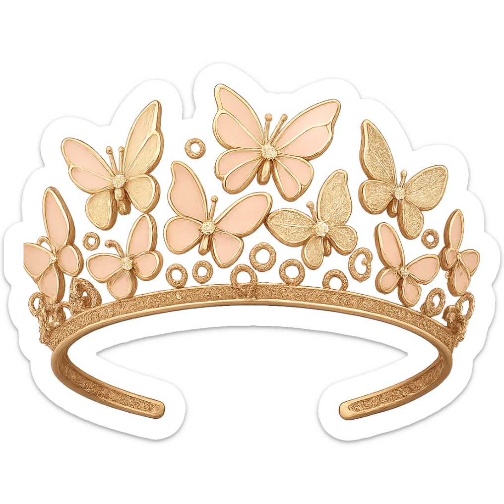 butterfly crown with a rose gold base, butterflies in blush and gold enamel, sparkling gems, transparent background sticker