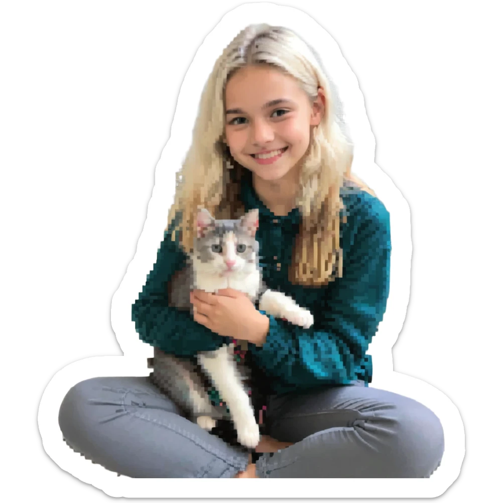 Remix using this girl as the character, petting a gray and blonde mixed cat in pixel art style. The girl is smiling with the cat on her lap. sticker