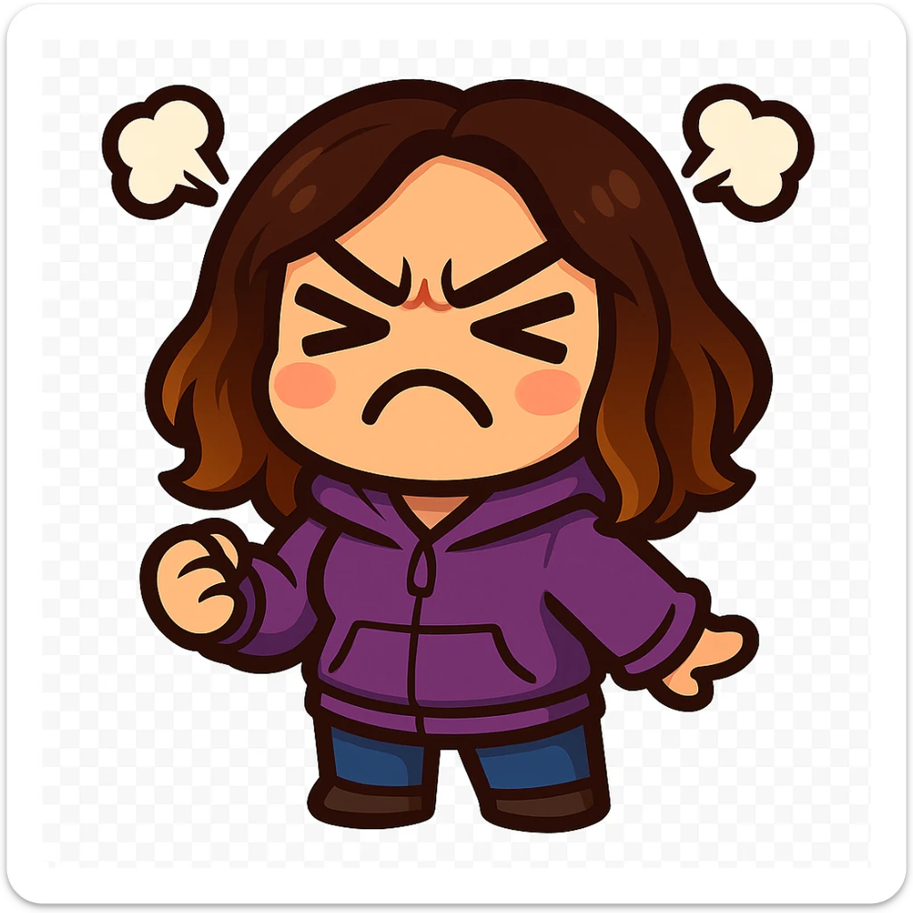 Sticker style chibi emote, matching the attached green heart emote as a base. Woman from reference, purple hoodie and blue jeans, angry with steam puffs, cute angry face, no headband, no wand, transparent background. Top color should not match jeans. sticker