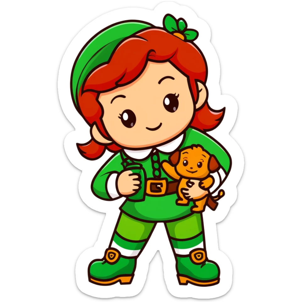 girl with red hair and brown eyes with a leprechaun sticker