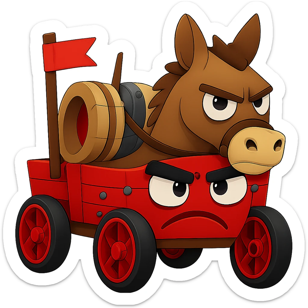 Reduce the file size of the emoji image to be smaller than 1MB while keeping the transparent background. Maintain the silly angry donkey and wagon clear and recognizable with no loss of detail or clarity. sticker