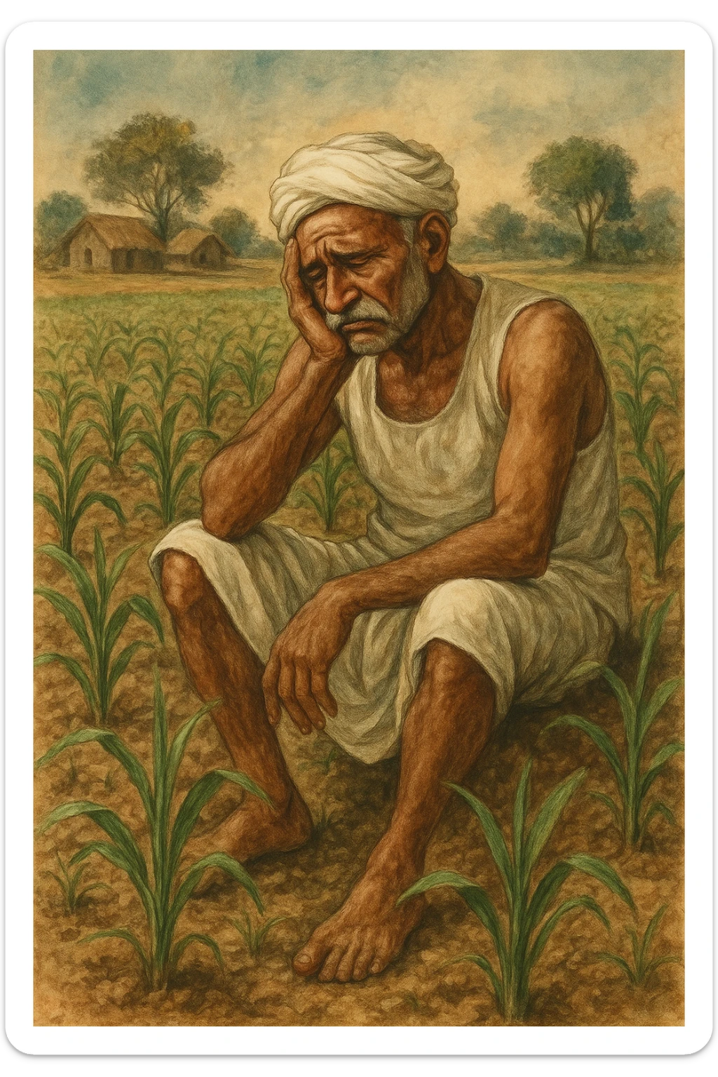 An Indian farmer in a white dhoti, sitting with a sad expression in a crop field, rustic rural scene, detailed art. sticker