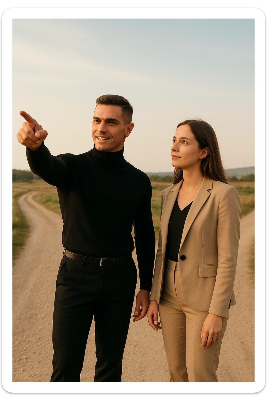 Editorial photo of a confident man standing at a crossroads, pointing decisively toward a clear path ahead. Beside him, a woman looks at him with trust and readiness to follow. Both are well-dressed, the setting is an open landscape with soft, natural light. The mood is one of leadership, guidance, and partnership. sticker