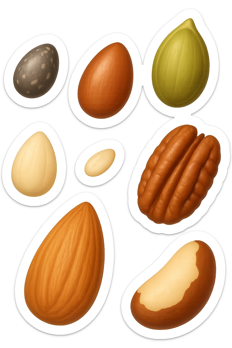emoji stile iphone 3d di questi elementi che fluttuano in aria:

Semi di chia, lino, zucca, sesamo
Mandorle, noci pecan, noci brasiliane (porzioni limitate)

 che fluttuano sparse casualmente in aria, iperealistico 4k sticker
