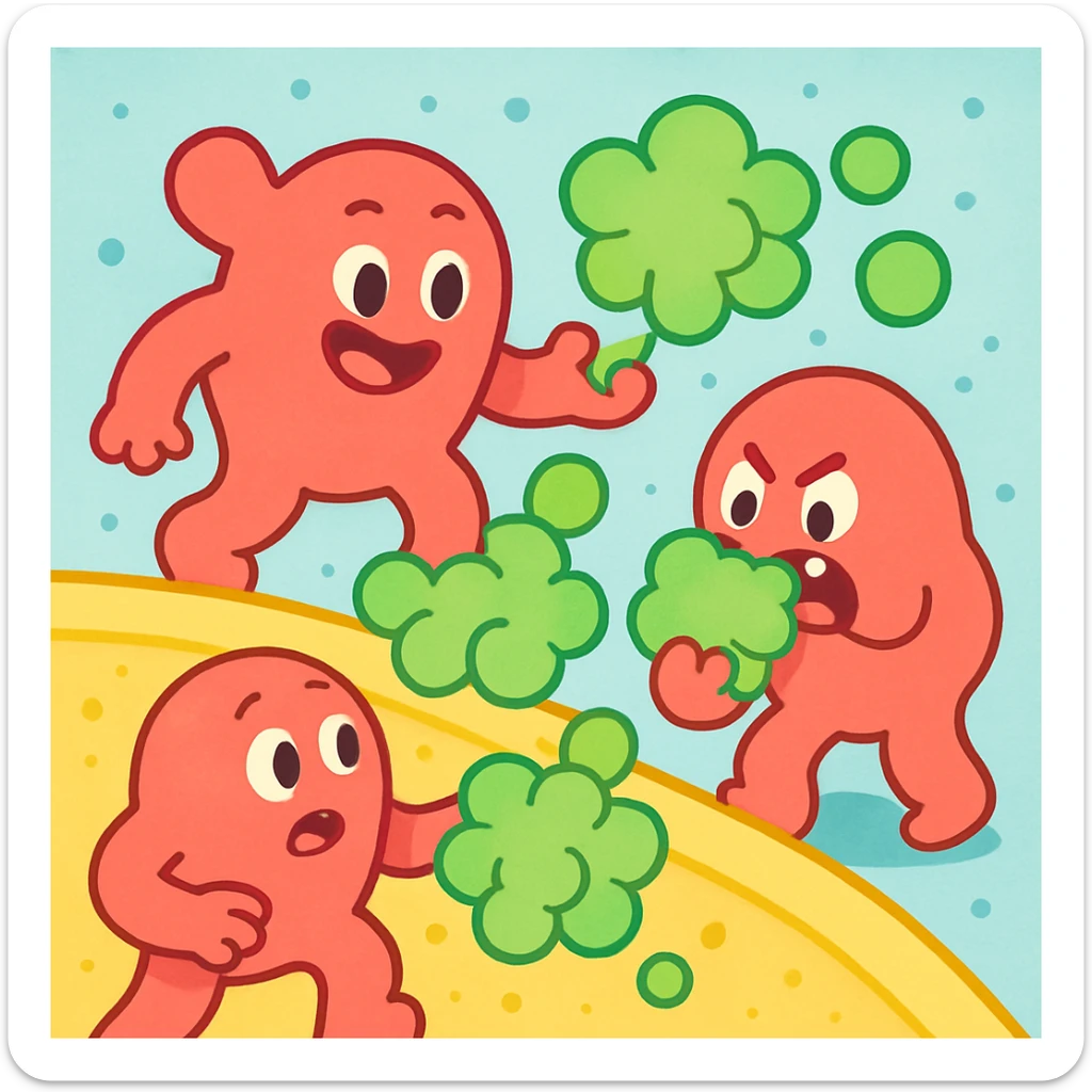 A realistic really detailed of enzymes (red) breaking down starch (green) near a cell membrane (yellow). Macro photography style. No labels. sticker