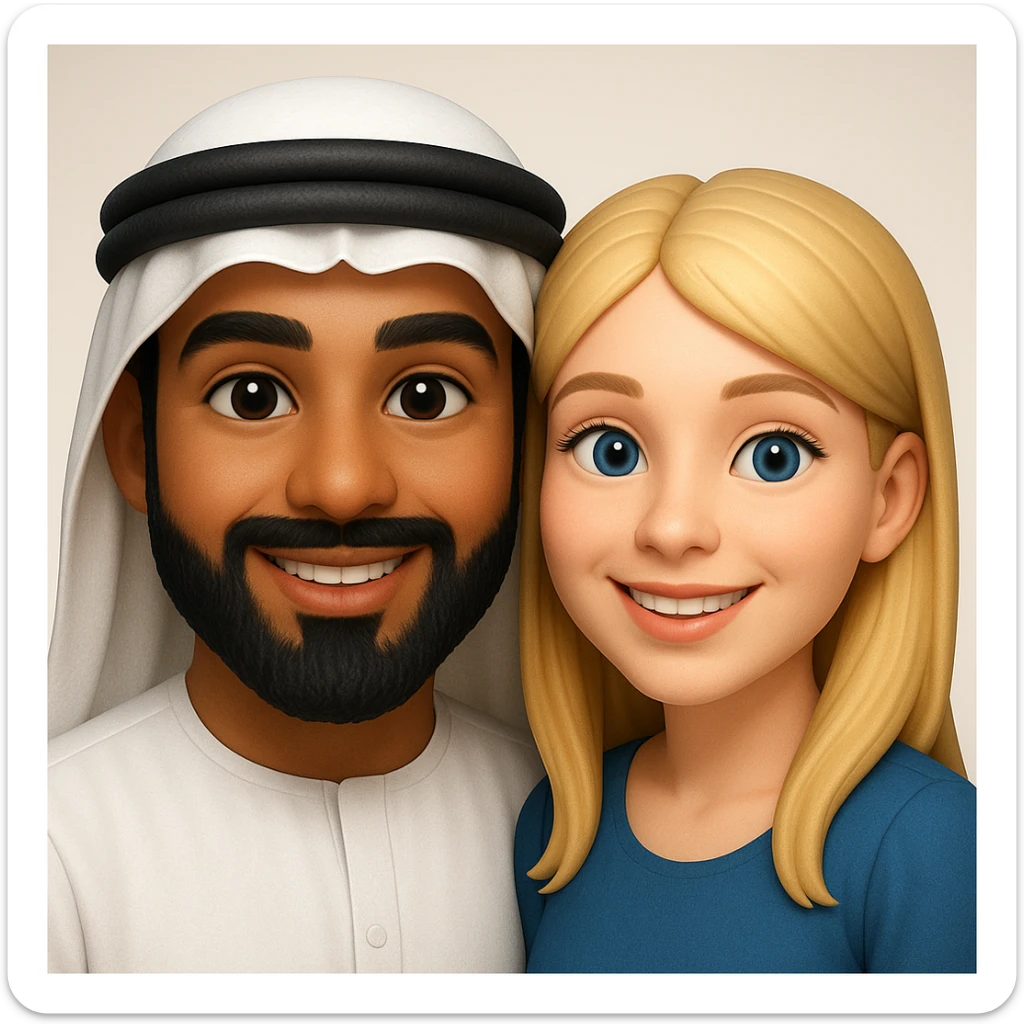 Сгенерируй мне в стиле детализированного емодзи пару, где мужчина с черной бородой и в арабском одеянии и чуть со смуглой кожей, а девушка чистая славянка, блондинка  sticker