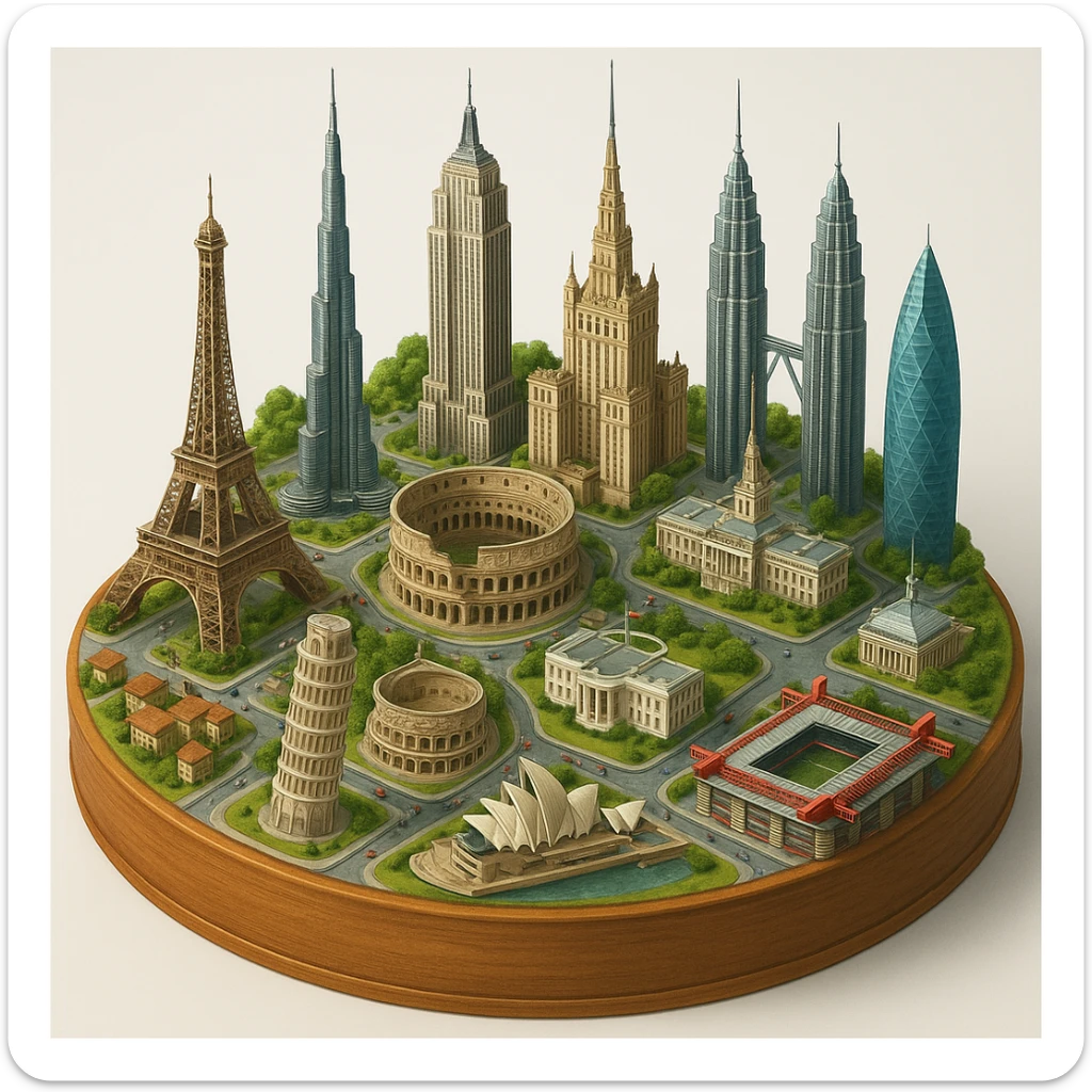 Оставь основу картинки - деревянную подставку, но при этом сгенерируй изометричную, яркая, детализированную и фотореалистичную модель где будет самые узнаваемые здания мира - Эмпайр Стейт Билдинг, Эйфелева башня, Колизей, Сиднейская опера, стадион Сан-Сиро, Белый Дом Пизанская башня, здание МГУ, Бурдж-Халифа, Башни Петронас, Небоскрёб Фостера в Лондоне, Рейхстаг, Тайбэй. Здания не должны повторять и должны быть на картинке в единственном экземпляре sticker