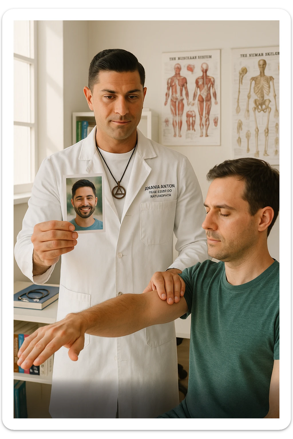 a middle-aged man, dressed in casual professional attire, is in a bright, organized therapy studio. Durante una visita di kinesiologia, il ragazzo tiene con una mano la foto di una persona lontana (il “testimone”) tiene la foto in mano, mentre con l’altra mano esegue un test muscolare su un cliente presente senza foto lui non tiene la foto. Sullo sfondo si vedono libri di kinesiologia, poster anatomici e strumenti tipici della disciplina. L’atmosfera è concentrata e serena, con luce naturale che entra dalla finestra, sottolineando l’aspetto alternativo e umano della pratica. sticker