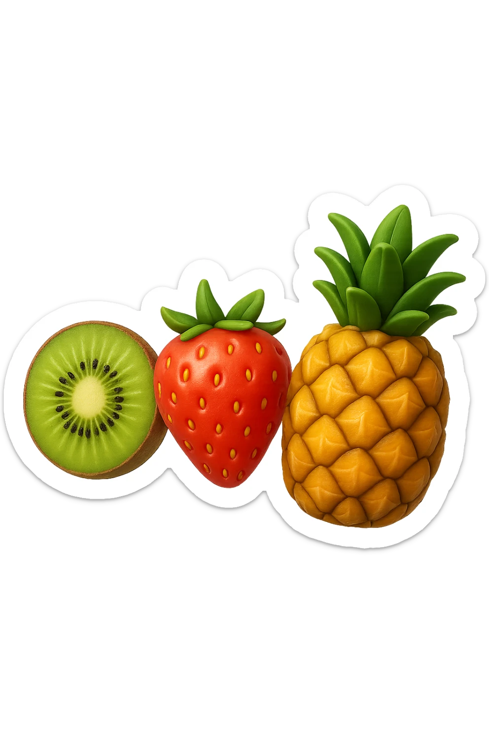 emoji stile iphone 3d di kiwi, fragole, ananas
 che fluttuano in aria, iperealistico 4k sticker