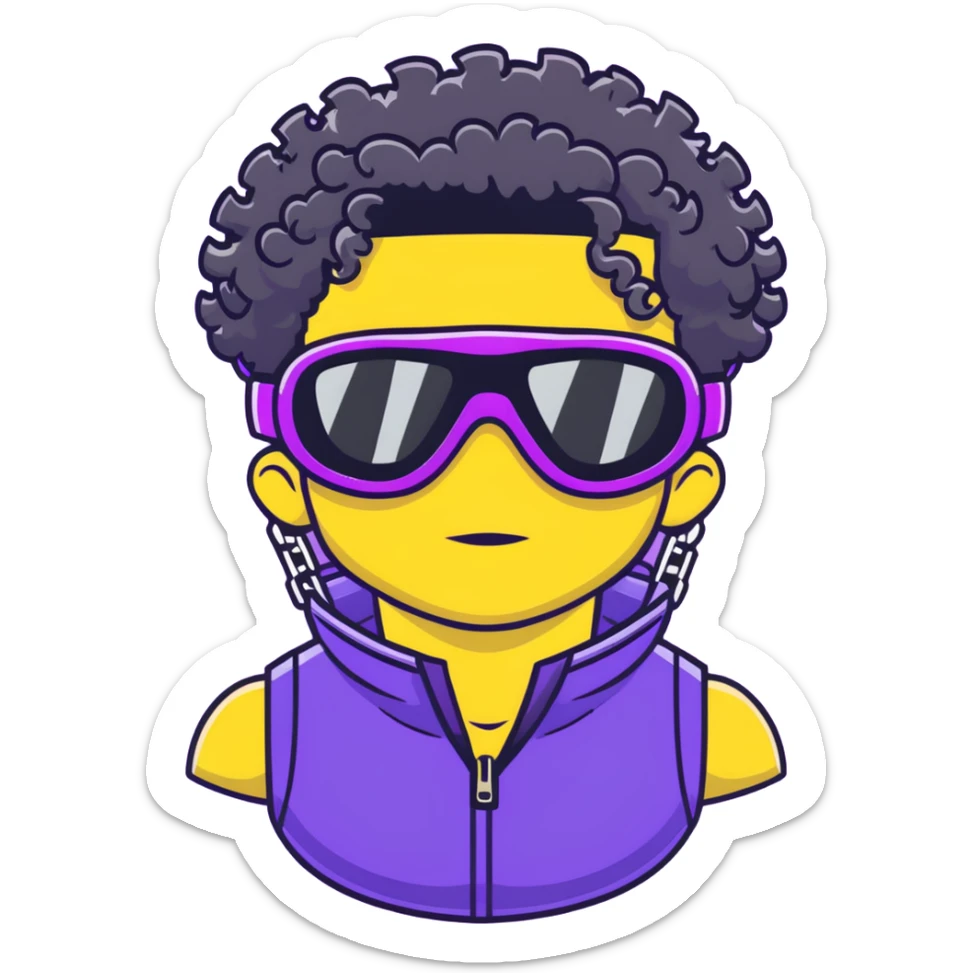 male athlete with white skin and moderately curly black hair on top with shaved sides, wearing ski goggles with purple frames and very dark black lenses, a simple plain black chain necklace, and a completely unzipped/wide open shiny purple vest fully revealing his chest and abs, no earrings sticker