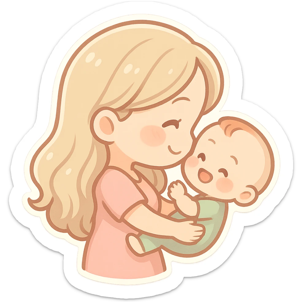 woman with long light hair holding a baby in her arms, they look at each other and smile, side view, chibi stickers style, thin clean outlines, soft rounded shapes, pastel palette, detailed shadows and highlights, soft lighting sticker
