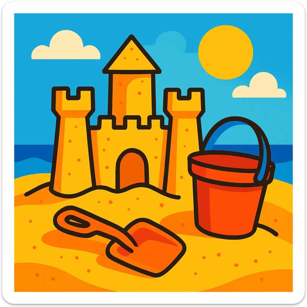 sandcastle with a bucket and shovel, whimsical and summery style sticker