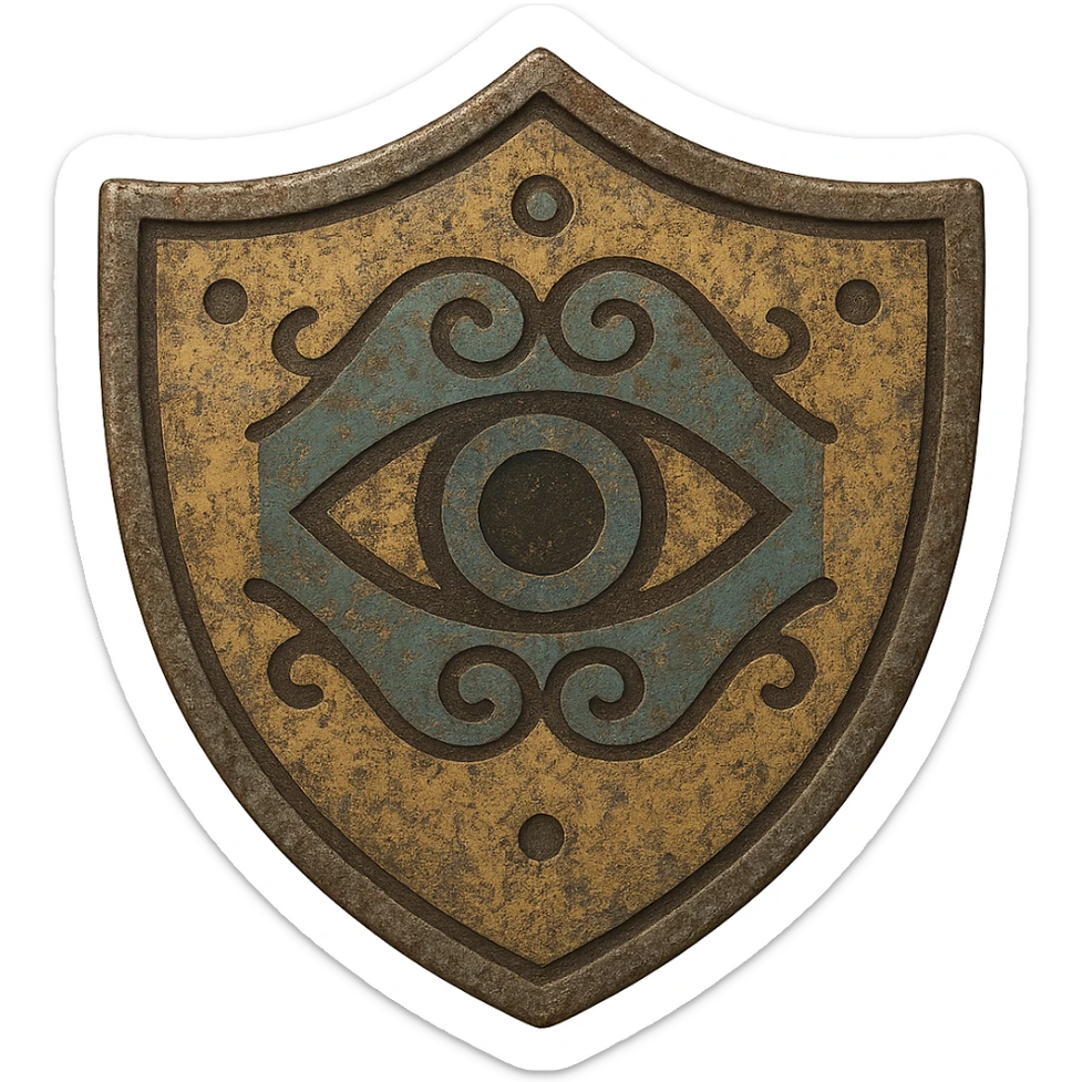 Make the shield with the Eye of Ibad look more ancient, with weathered metal, faded paint, and worn details, keeping the background transparent. sticker