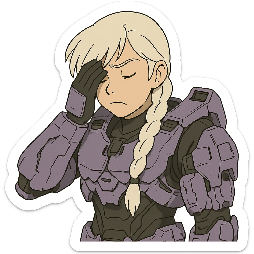 female, wearing reach spartan armor shoulder-unequip, long white braid hair with massive messy front side single bangs, gold yellow eyes, attention pose, HALO:series, no helmet, the armor is lavender color scheme, facepalm, smh, eyes closed sticker