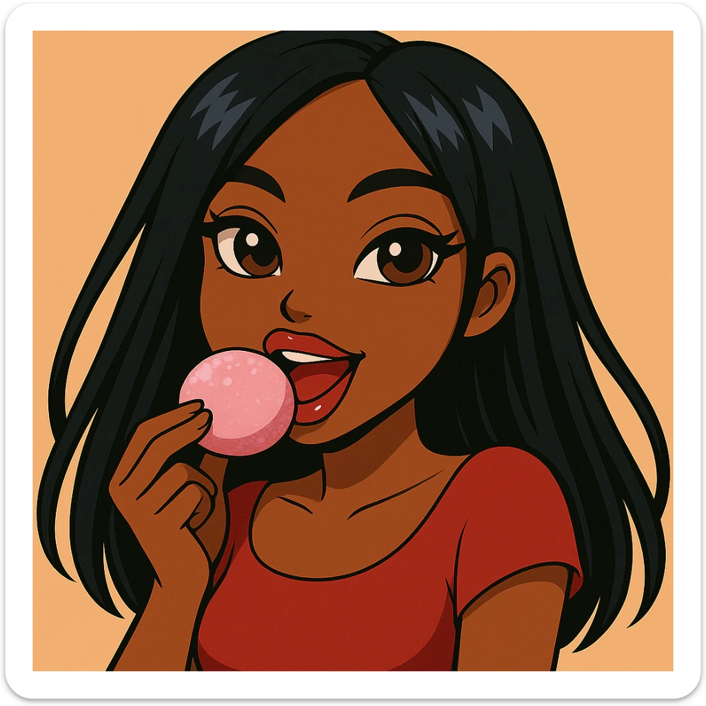 Change the pose to eating pink mochi ice cream, headshot only, 20-year-old anime Bratz style woman with dark skin, straight hair, brown eyes, red shirt, trendy outfit, glossy lips, no hat, no tears, happy expression, both eyes open, looking straight ahead. sticker