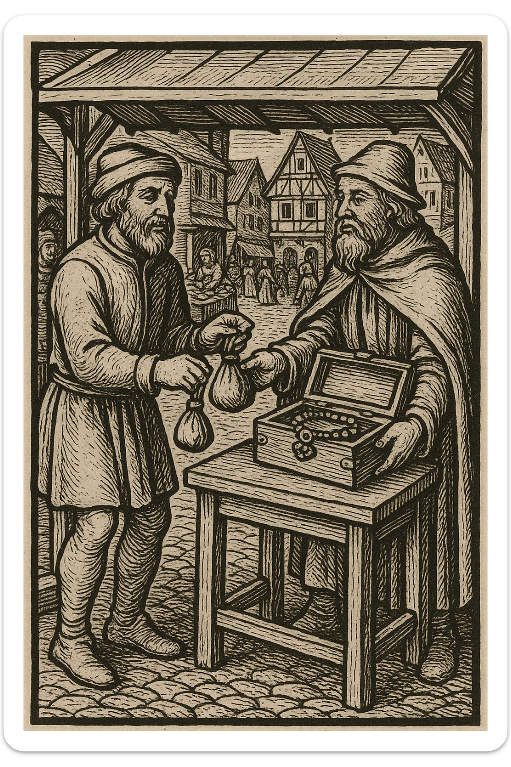 Сгенерируй мне гравюру, как в средневековье один мужчина дает другому мешочек, а другой украшение коробку деревянную, они торгуют, все это происходит на рынке sticker