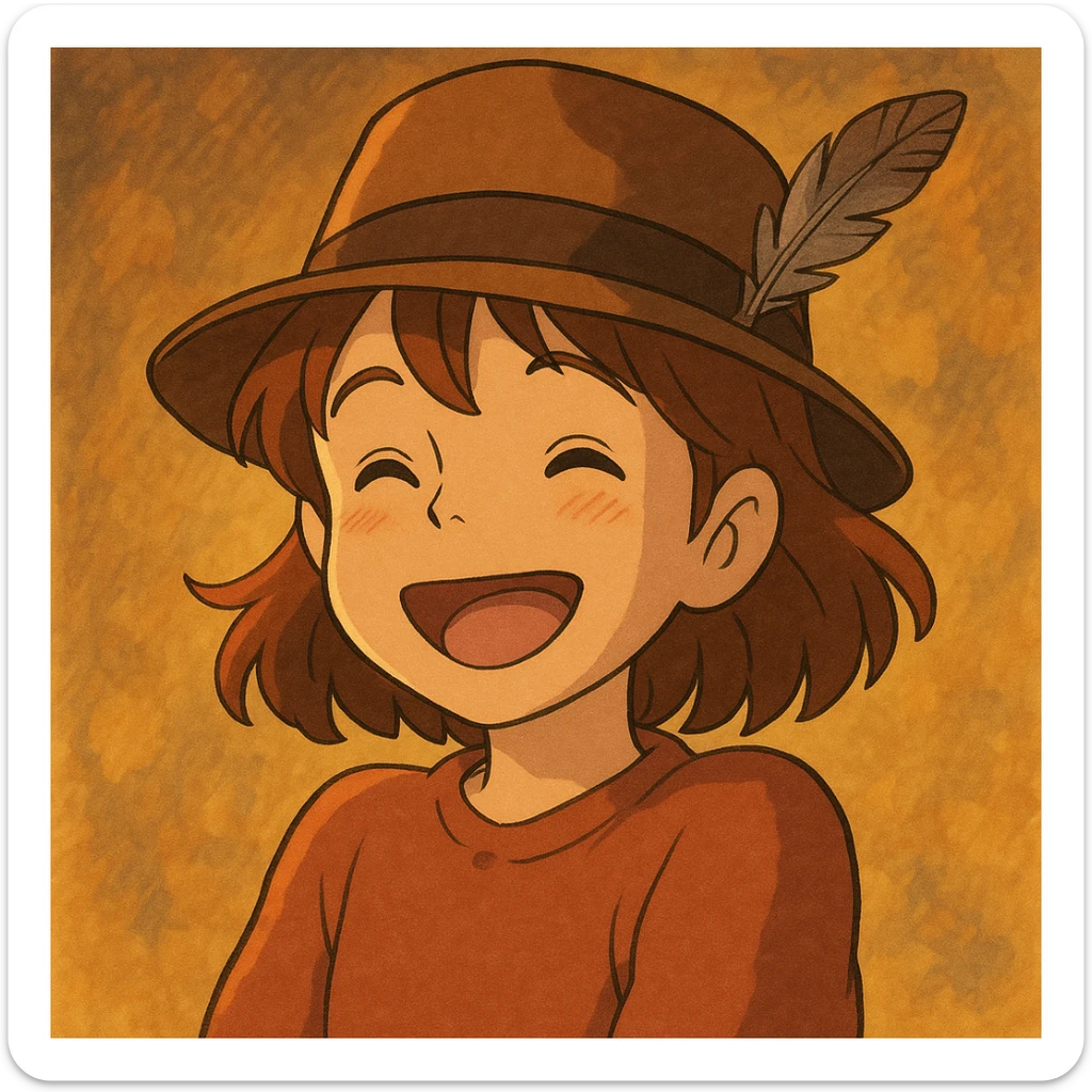 girl wearing a brown fedora with a feather, cheerful, warm lighting, ghibli style sticker