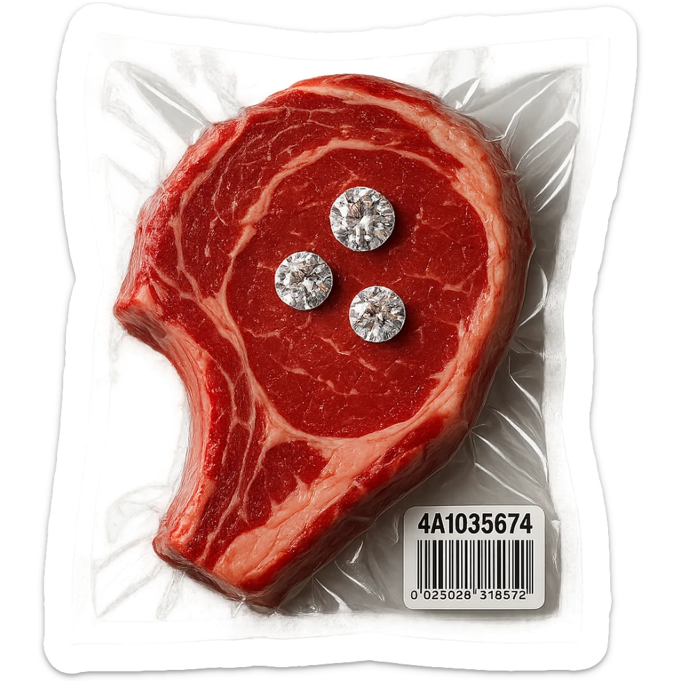 juicy steak with diamonds on top, shiny and inflated, vacuum-sealed style sticker