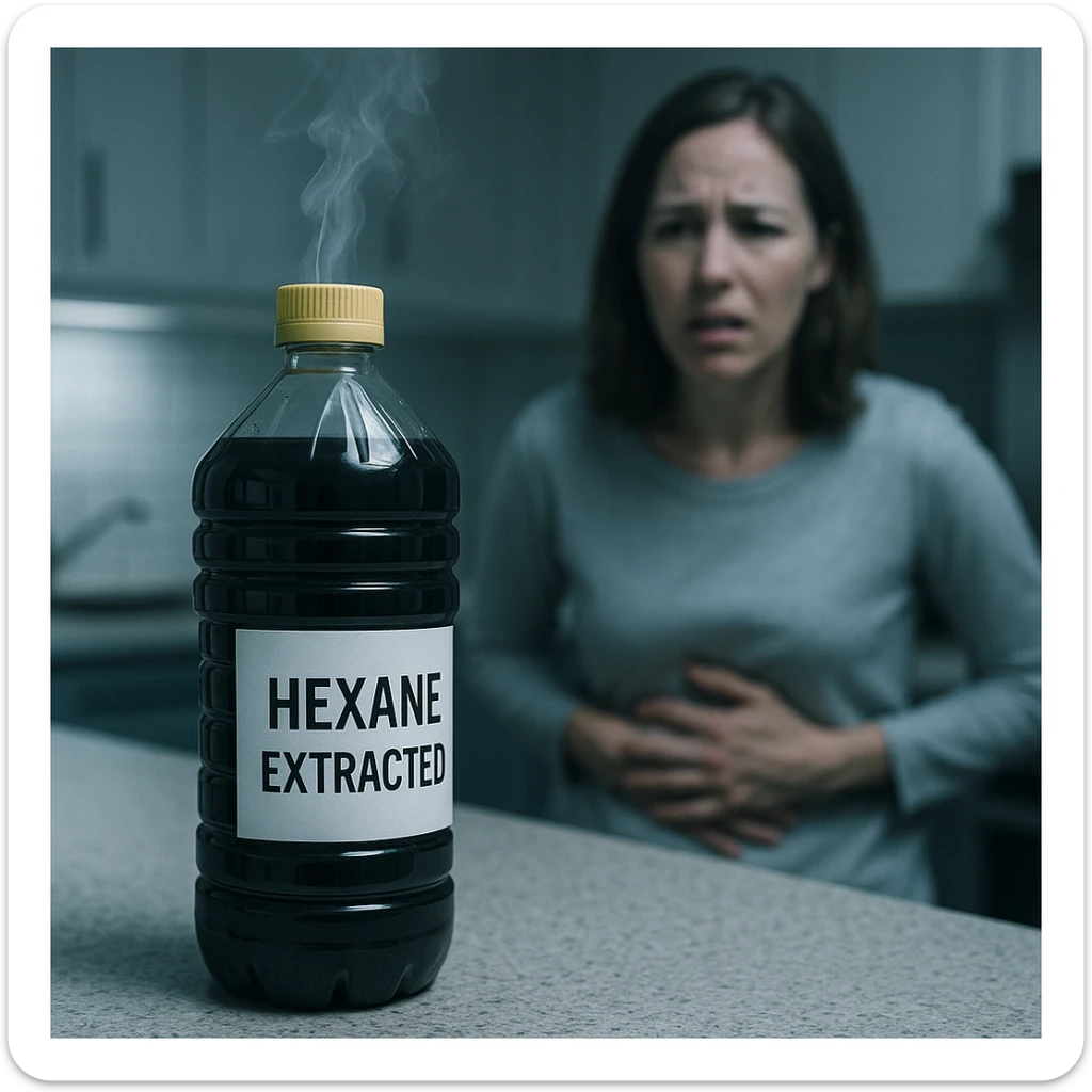 photorealistic kitchen scene with a bottle of dark, unnatural-looking vegetable oil labeled 'Hexane extracted', faint toxic vapor rising from the bottle, background with a blurred worried person holding their stomach, cold clinical lighting, surreal tense atmosphere sticker