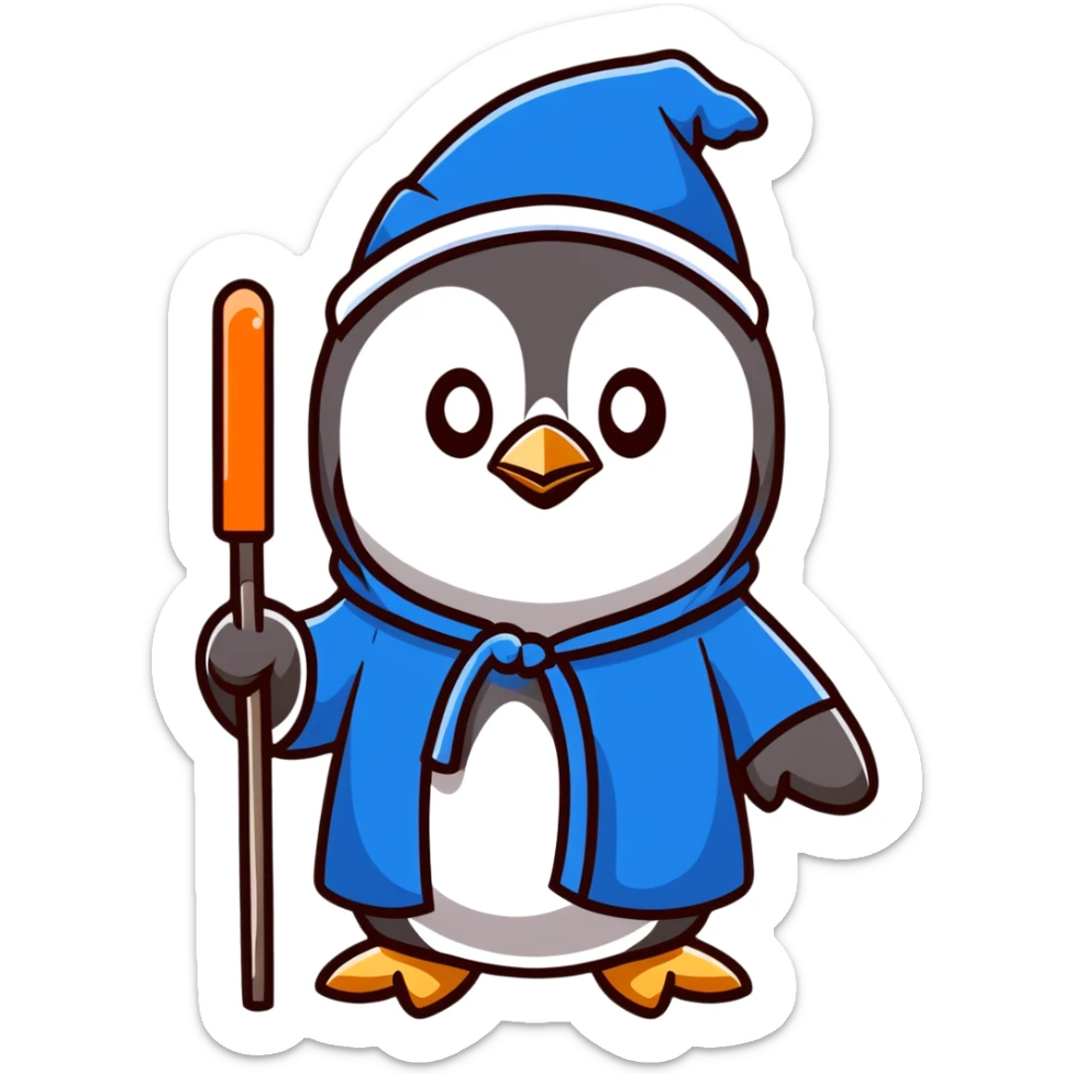 cartoon penguin wizard with a blue robe and sparkly hat, holding a glowing staff sticker