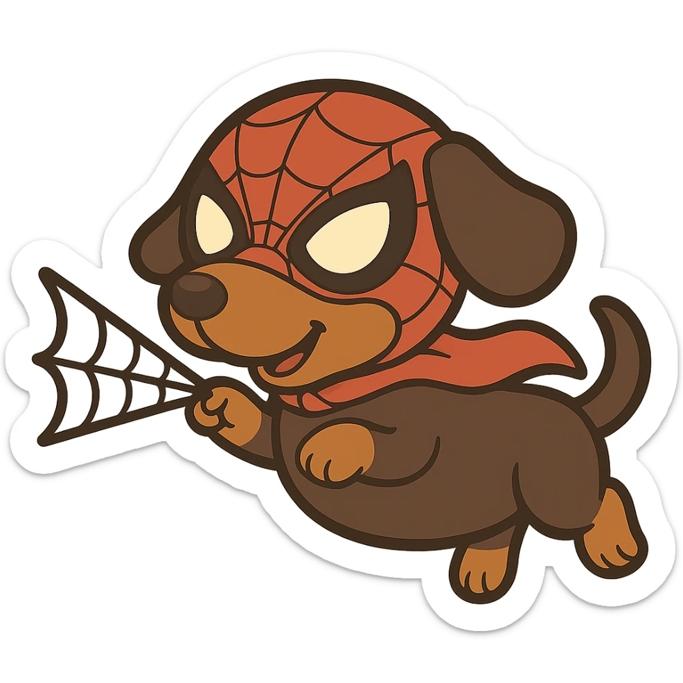Edit the image so that the web is coming out of the wiener's head with superhero mask. Make it comic style with no background. sticker