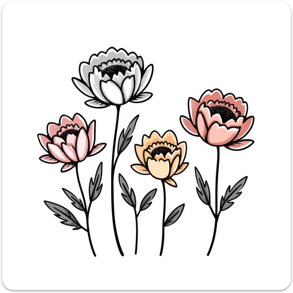 peony flowers with lush petals and leaves in pastel colors dd9fb0 ffc6d3 a3bfc9 c4bee2 f1b091, hand-drawn doodle style sticker