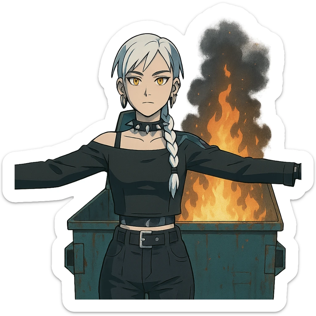  young woman with gold yellow eyes, white hair, long braid, black off-shoulder top, punk gothic style, futuristic cyberwave cyberpunk,, she is calmly t-posing , there is a dumpster fire in front of her sticker