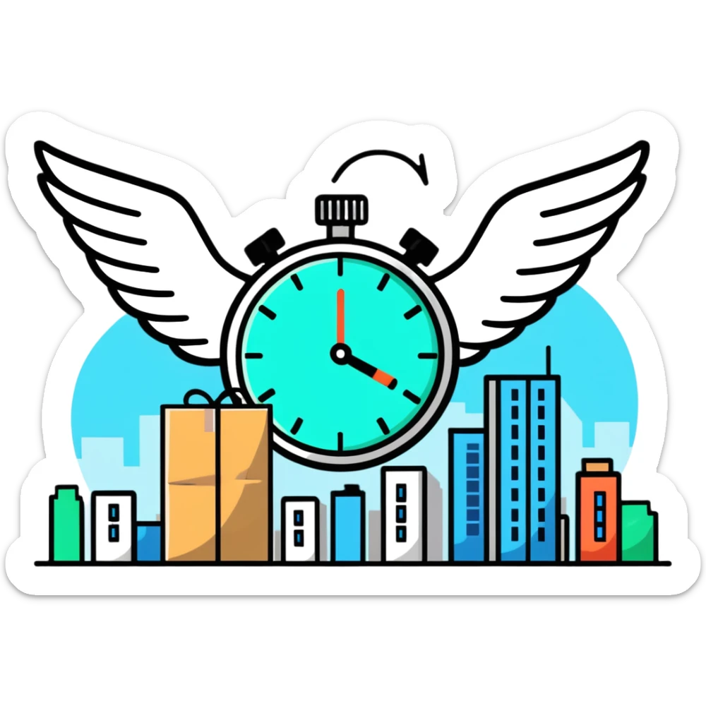stopwatch with wings and a package flying over city buildings, fastest delivery sticker