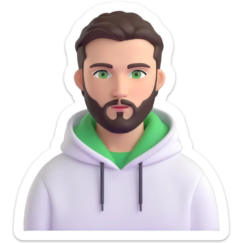 man with short full beard, dark brown undercut hairstyle, white hoodie, and green eyes sticker