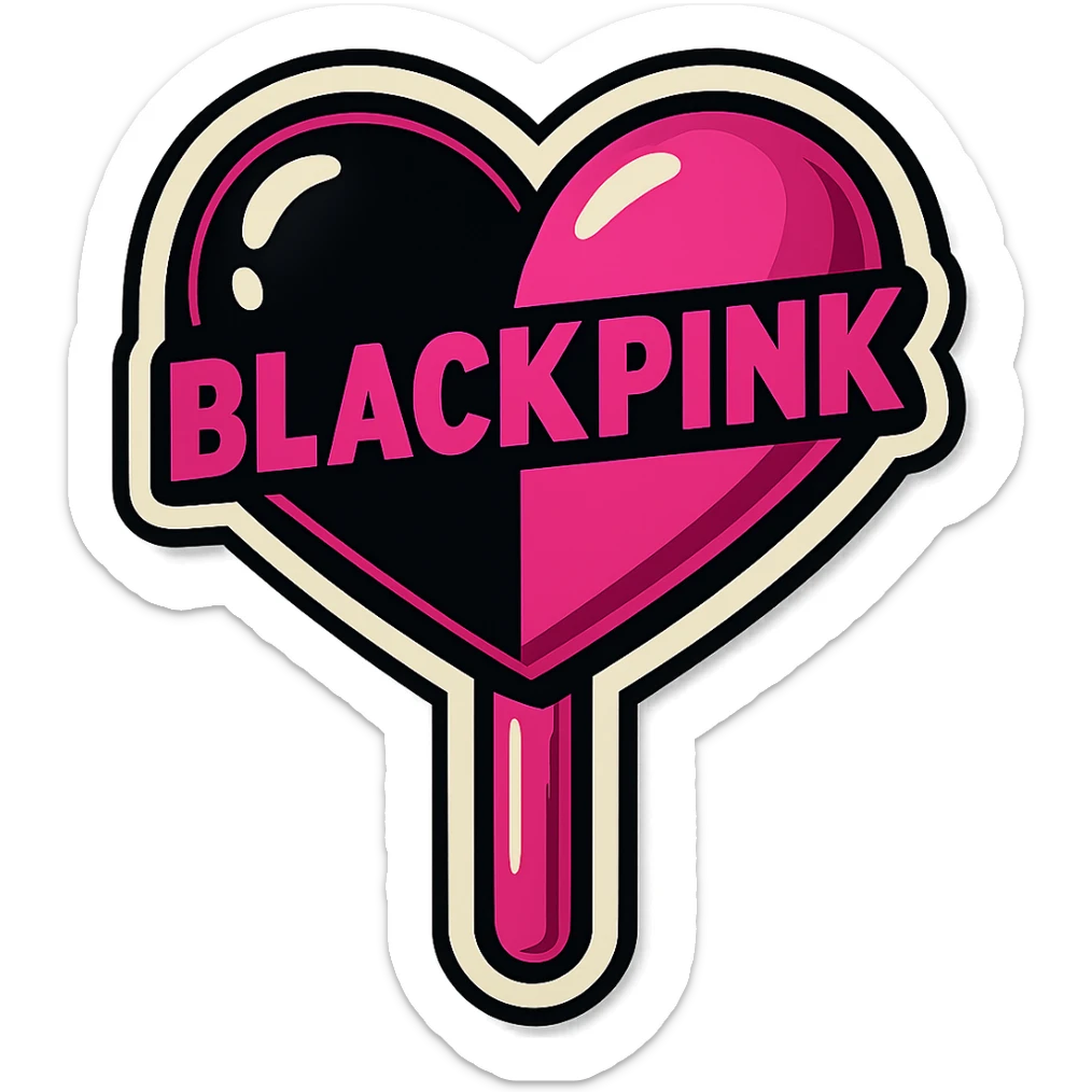 Add a BLACKPINK logo to this retro sticker style heart-shaped lollipop, keeping the playful, bold, and vibrant look. sticker