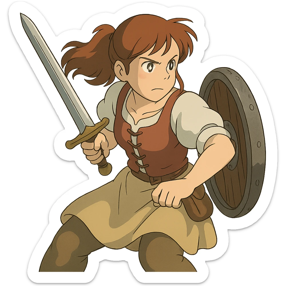 a warrior maiden with a sword and shield, common tavern clothing, eye gleam, defense stance, repose sticker