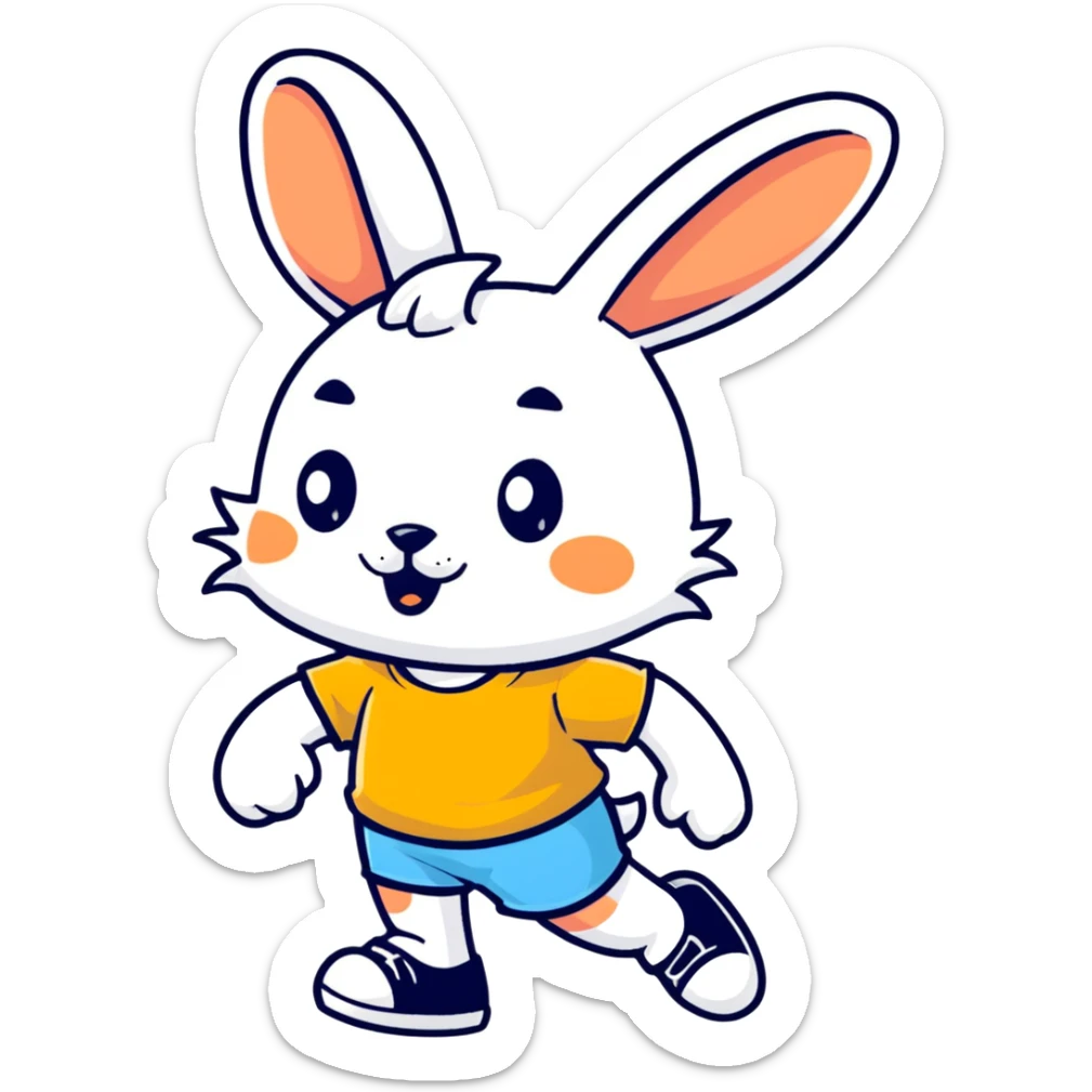 retro 1930s anthropomorphised rabbit in a t-shirt and shorts walking black and white sticker