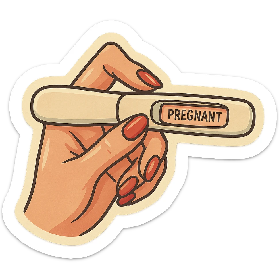 A pregnancy test held in a neat feminine hand with manicure, in retro stickers style, featuring soft rounded shapes, expressive contours, vintage color palette, light paper texture, shadows and highlights, transparent background. sticker