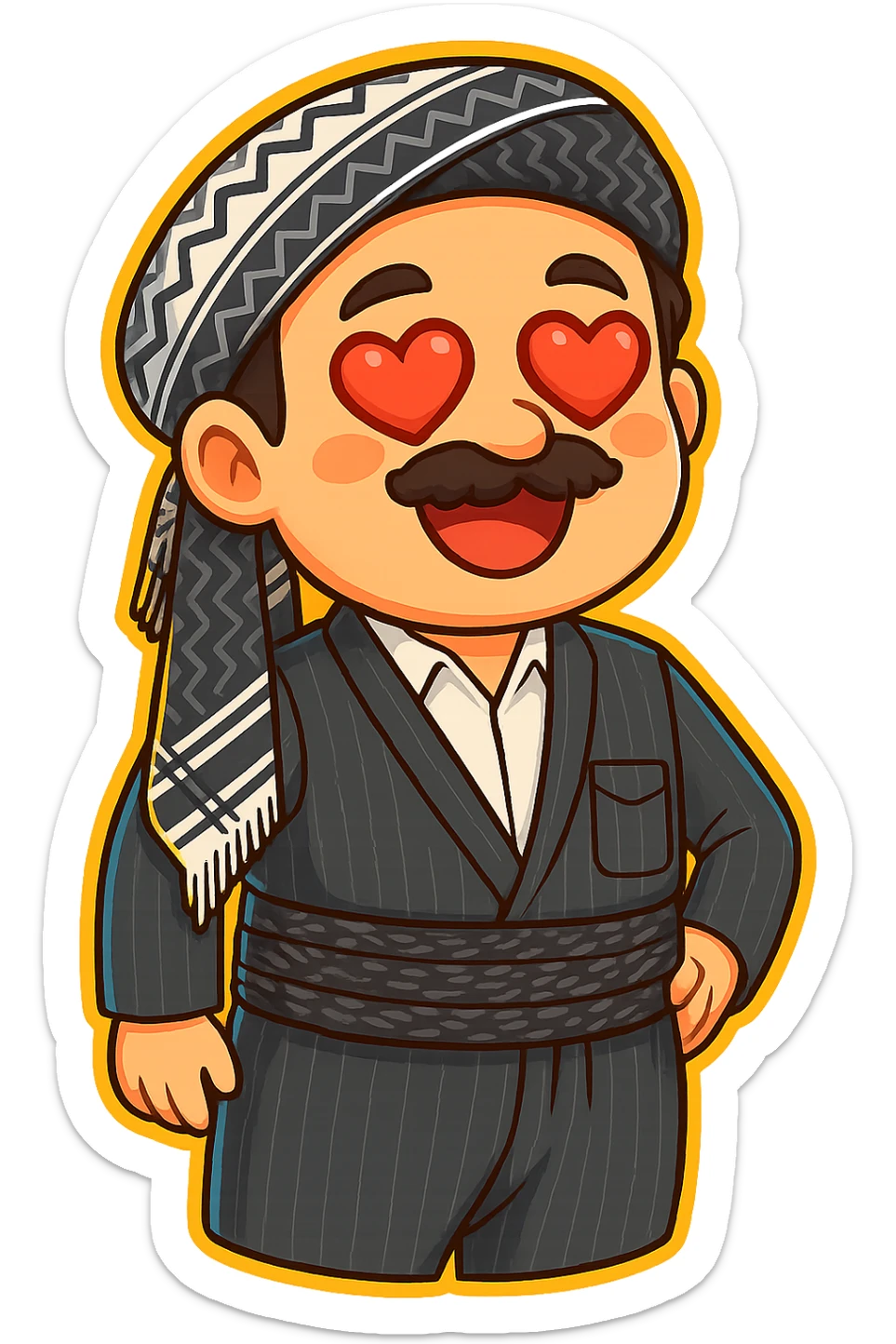 Create a colorful and cheerful cartoon sticker of a Kurdish man wearing the same clothes and scarf as the reference image, with no changes to the outfit or scarf. The face should have a romantic expression with heart-shaped eyes similar to the 😍 emoji. The sticker should have no text and be suitable for WhatsApp and Instagram usage. Background must be transparent. sticker