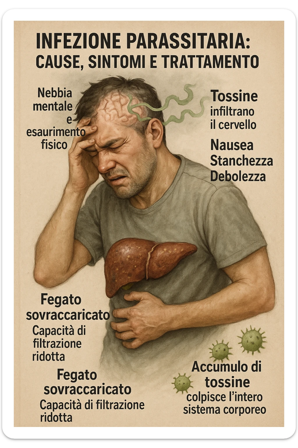 "Man feeling increasingly unwell as his liver fails to filter toxins, nausea, tiredness, and weakness overwhelming him as toxins infiltrate his brain causing confusion and irritability Parasitic Infection: Causes, Symptoms & Treatment, expression of mental fog and physical exhaustion, liver shown as overworked organ with reduced filtration capacity, toxic buildup affecting entire body systems" in italiano sticker