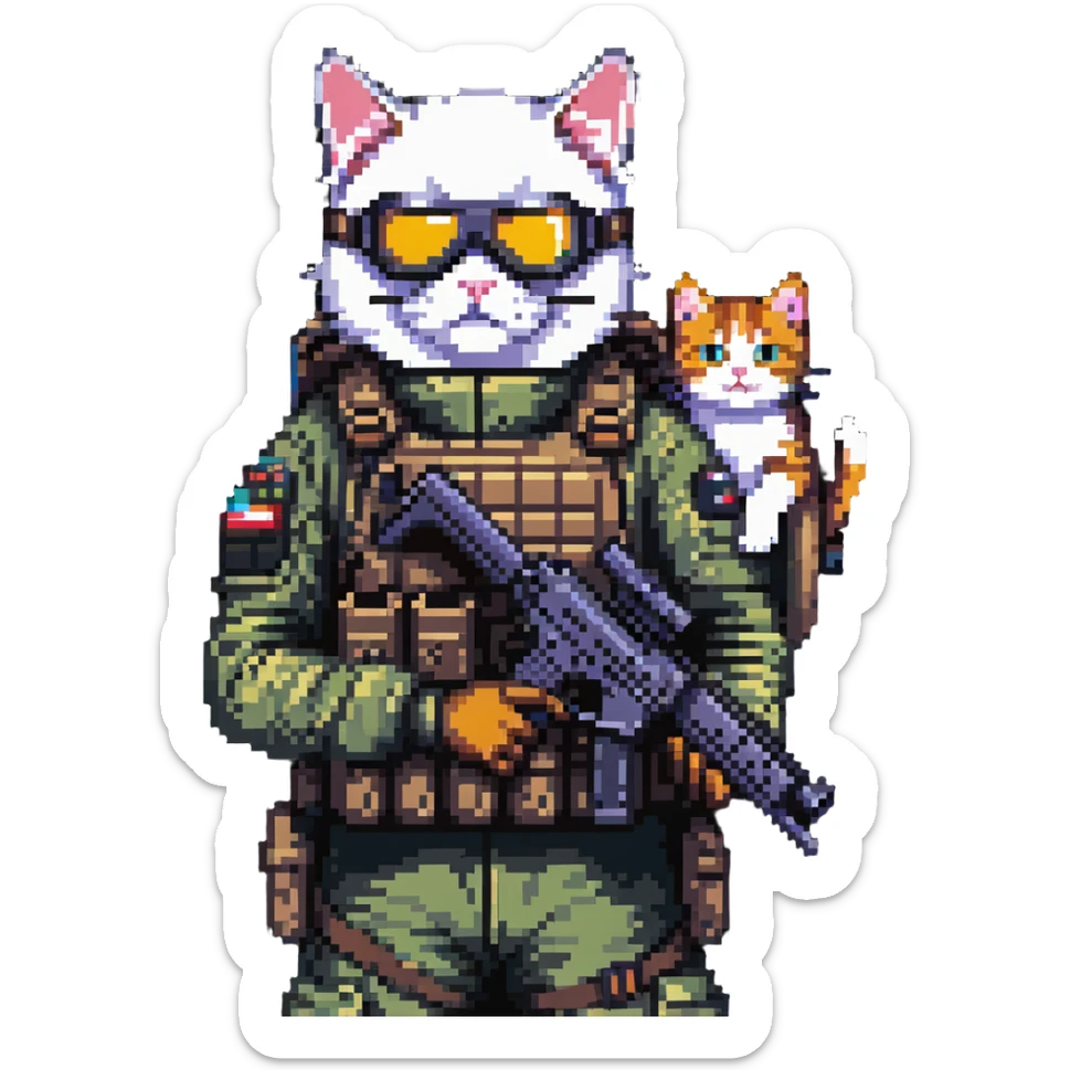 Simple pixel art of man with goggles in tactical gear holding gun and cat sticker