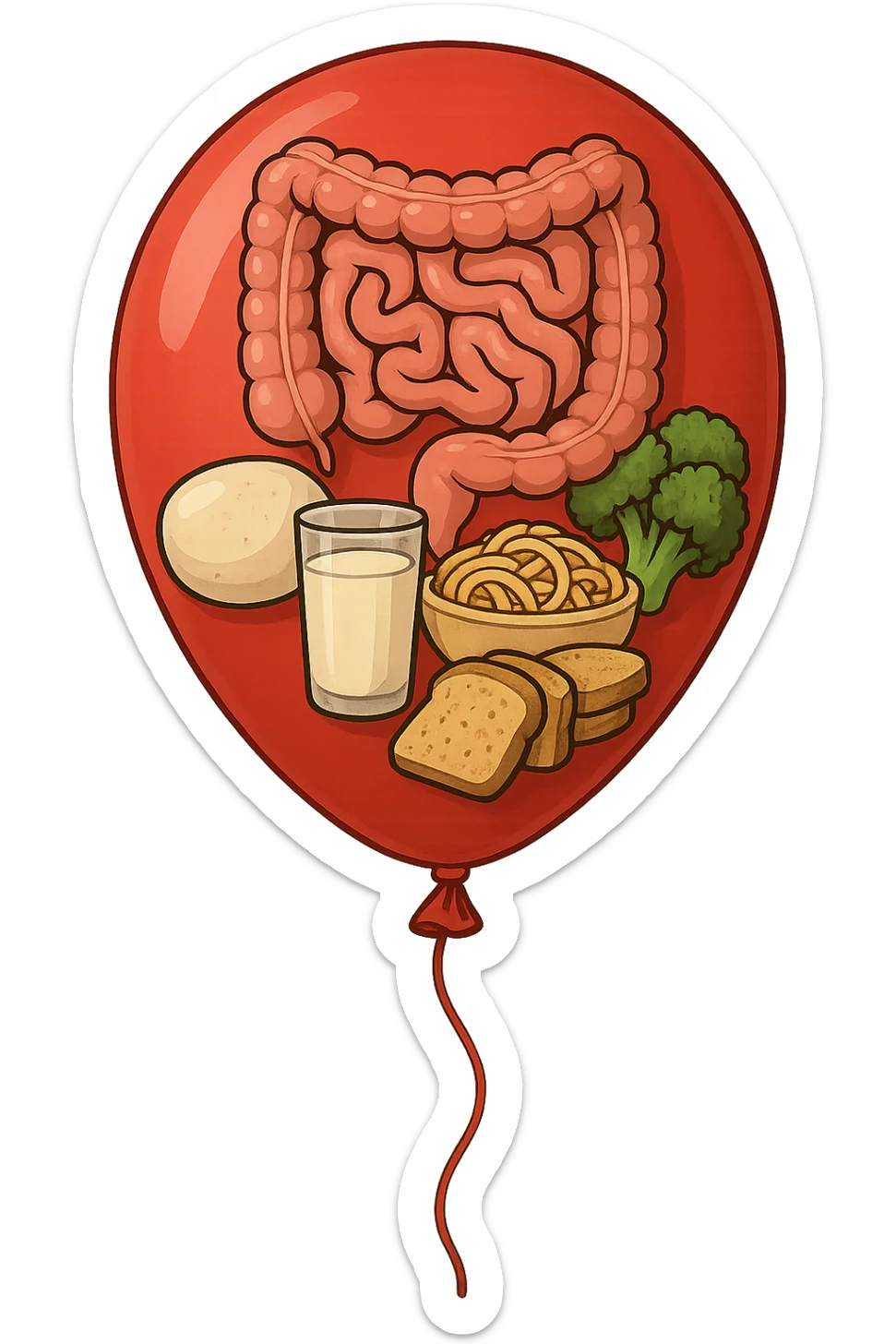 PALLONCINO ROSSO CON DENTRO UN INTESTINO UMANO, UNA MOZZARELLA, UN BICCHIERE DI LATTE, UNA BOWL DI PASTA, QUALCHE BROCCOLO, QUALCHE FETTINA DI PANE sticker