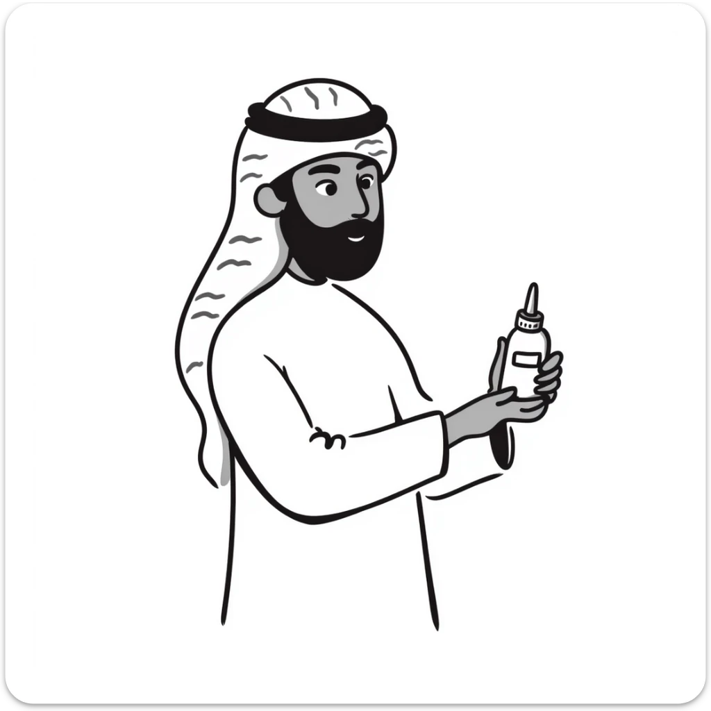 Arab man with keffiyeh holding medicine bottle and pill, hand-drawn style sticker