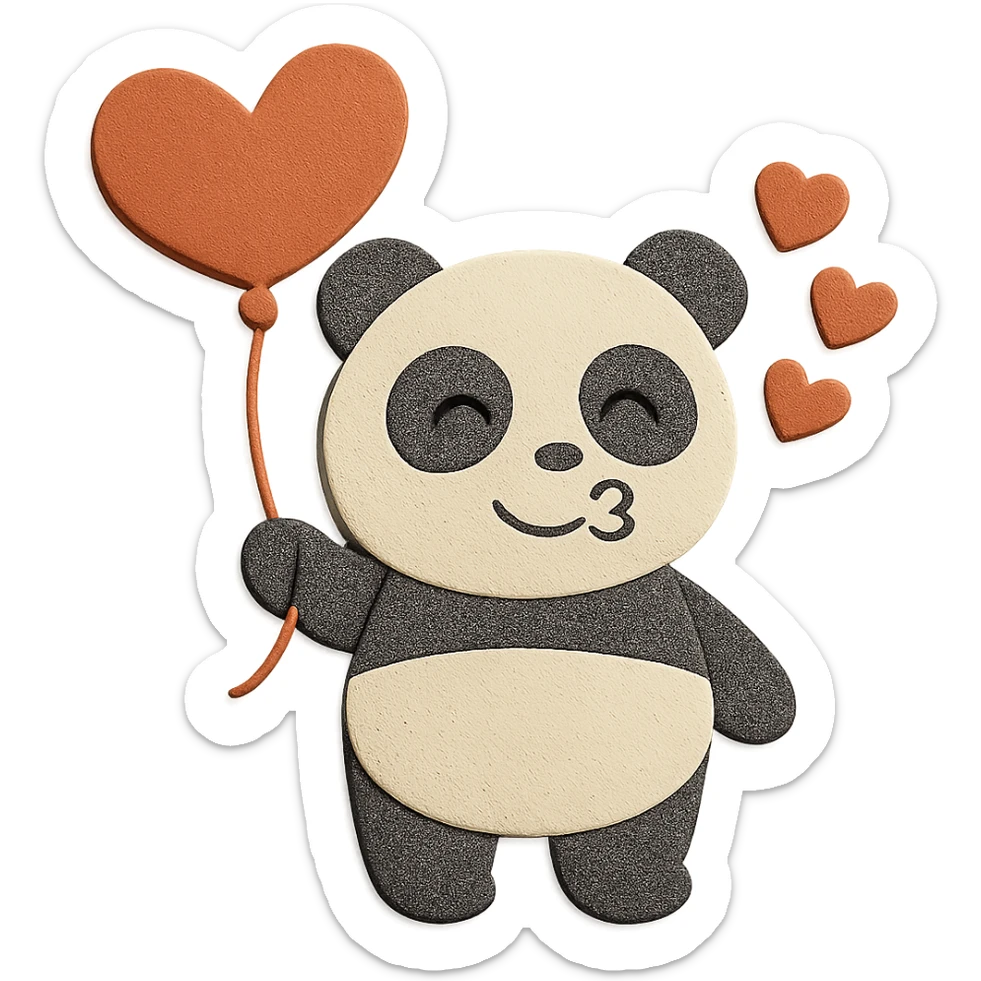 Make the panda's eyes and mouth look like it's smiling and blowing a kiss, keep the design, pose, heart-shaped balloon, hearts, and paper-craft style unchanged sticker