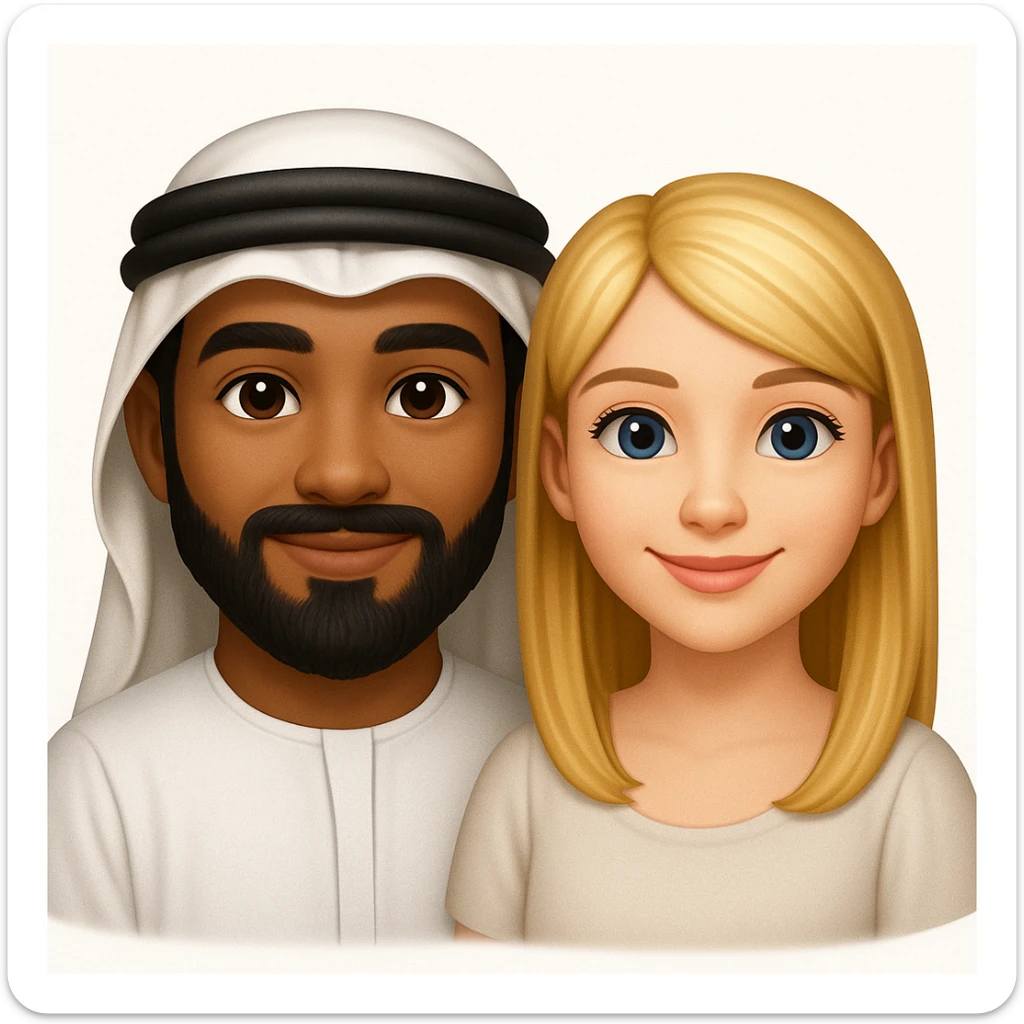 Сгенерируй мне в стиле детализированного емодзи пару, где мужчина с черной бородой и в арабском одеянии и чуть со смуглой кожей, а девушка чистая славянка, блондинка  sticker