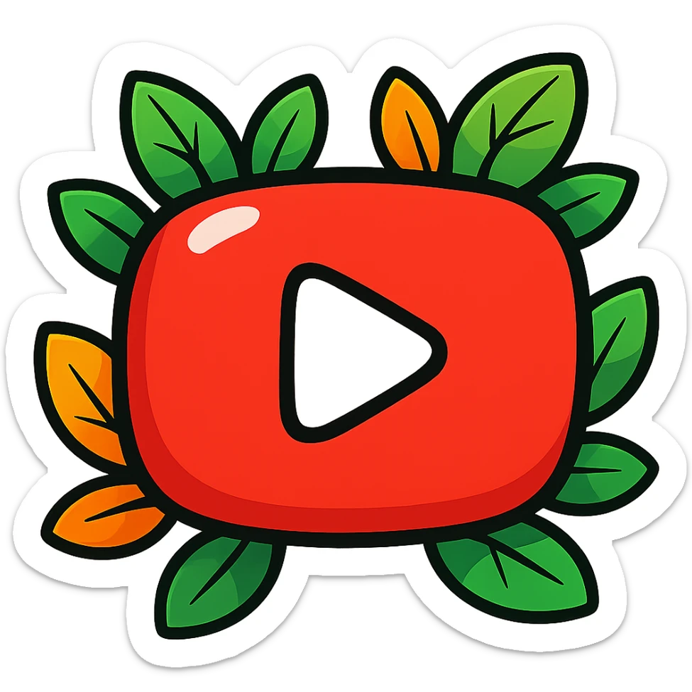 Ultra plump, rounded YouTube logo in vibrant toon style with bold black outline, sharp graphic solid shadows, and glossy highlights. No gradients; shadows and highlights are solid and distinct, not soft or 3D. Emphasize a drawn, illustrated look with solid bright colors, no background, and bright leaves around the logo. Make the shapes even rounder and softer, flat and cartoonish. sticker