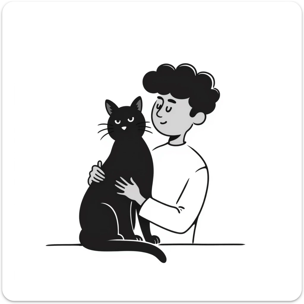 young male with brown light skin, slightly curly hair, holding a black cat sticker