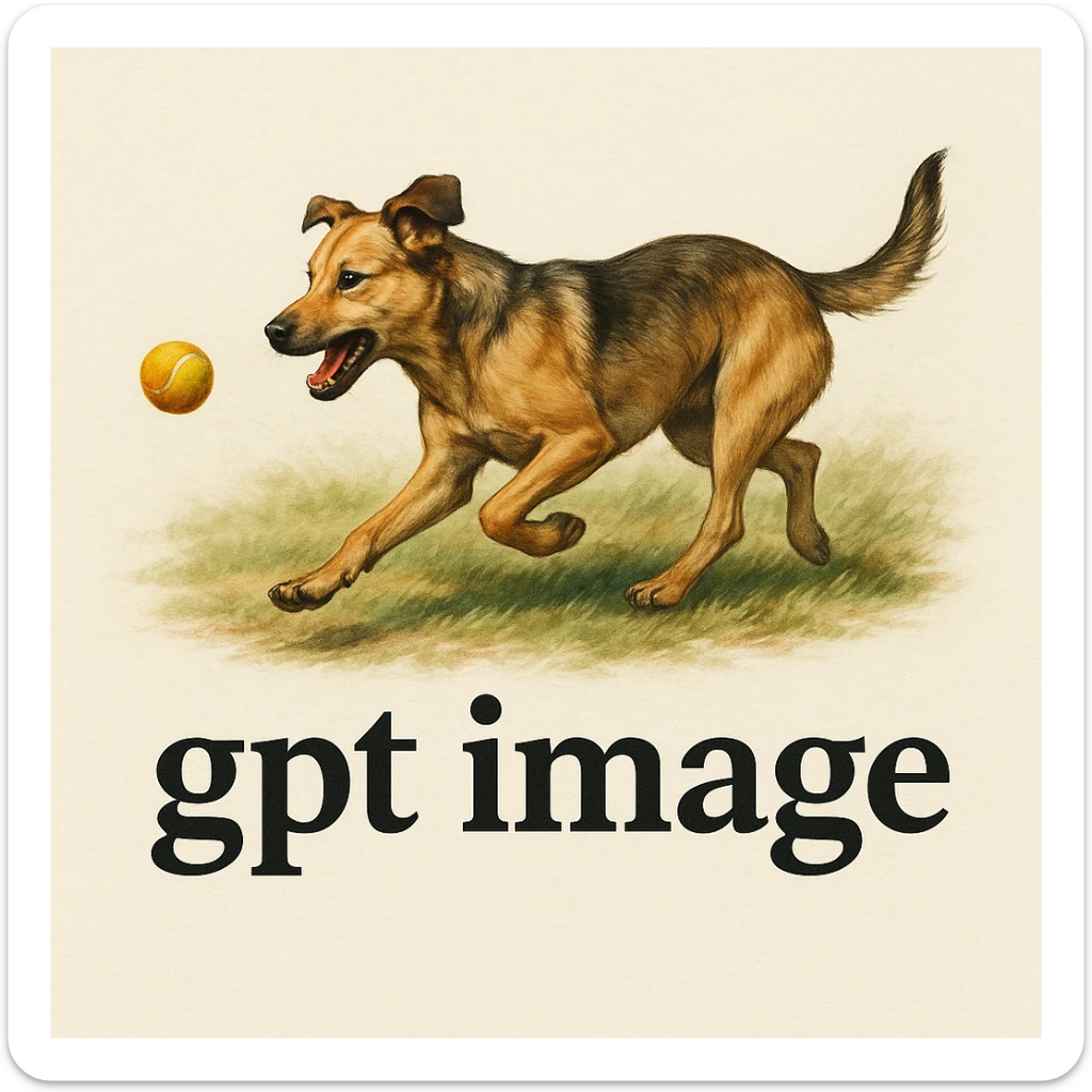  logo with text "gpt image" on the background of a dog chasing ball, realistic image sticker