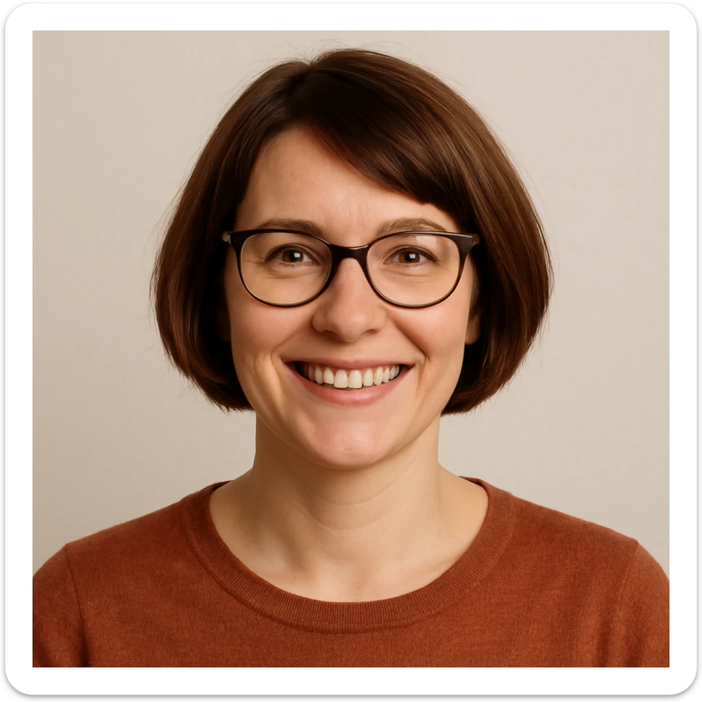 white woman with short brown bob haircut, smiling, glasses, friendly expression, simple background sticker